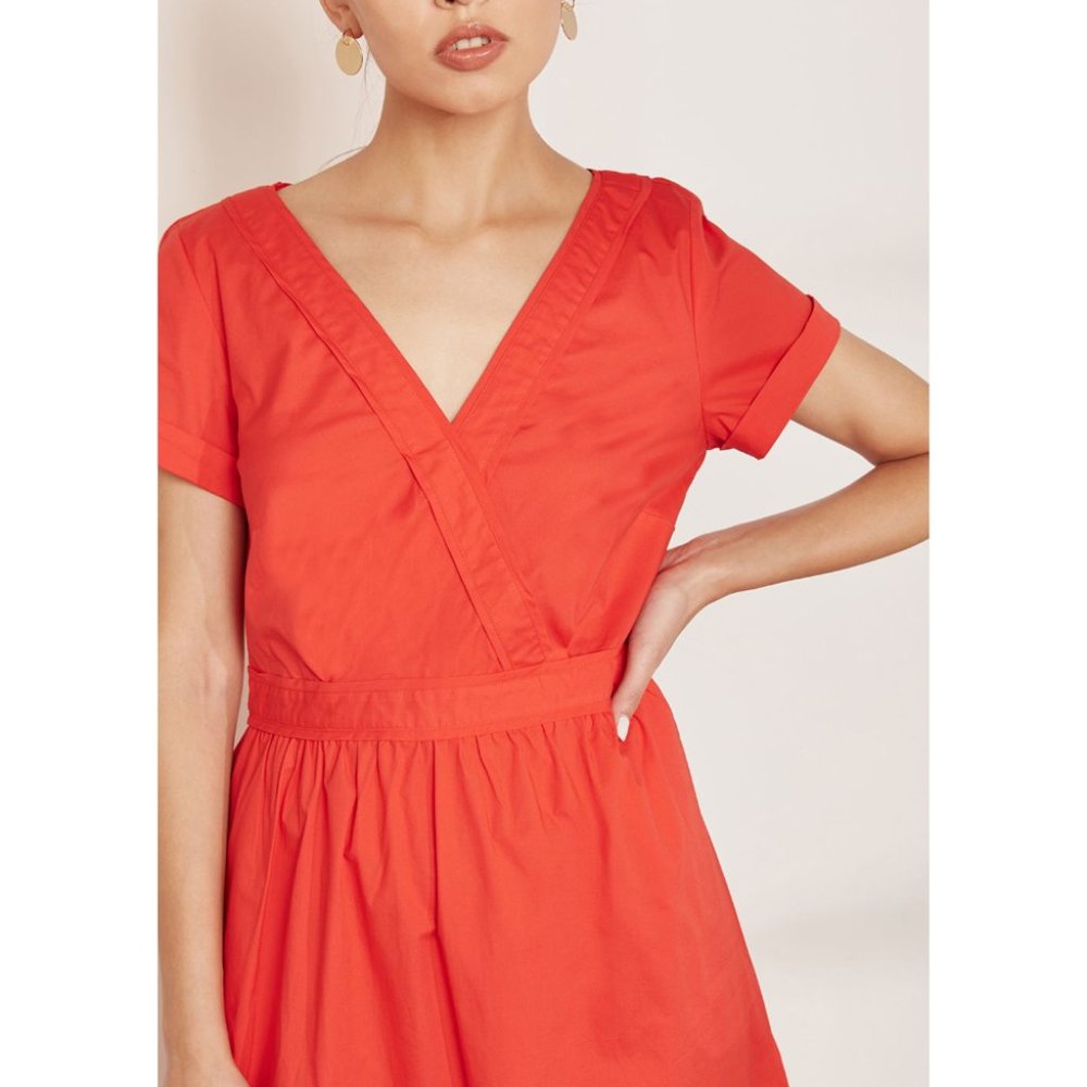 J. Crew Red Cotton V Neck Faux Wrap Poplin Midi Dress Size 2 - Picture 3 of 9
